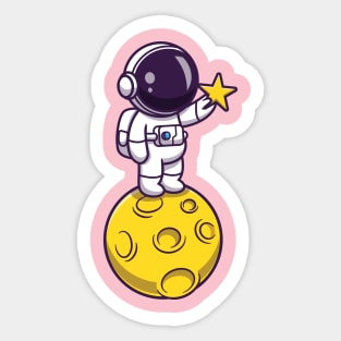 Astronaut Holding Star On Moon Cartoon Sticker